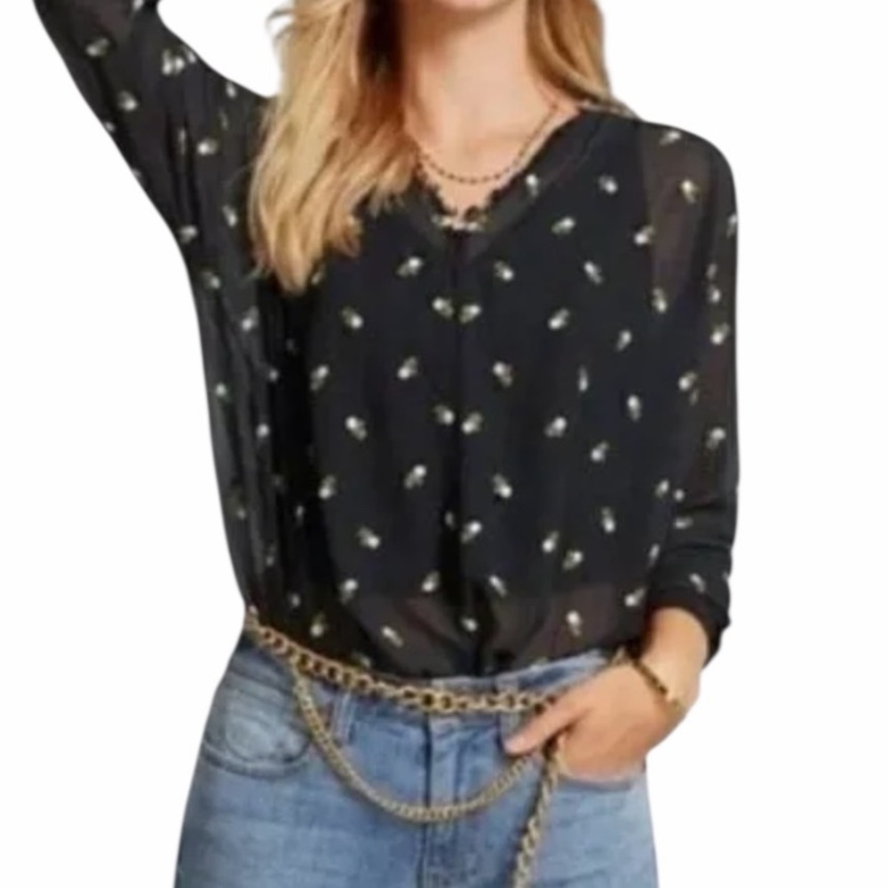 CAbi Black with Light Pink Floral Embroidered Flowers SheerBlouse #5338 S